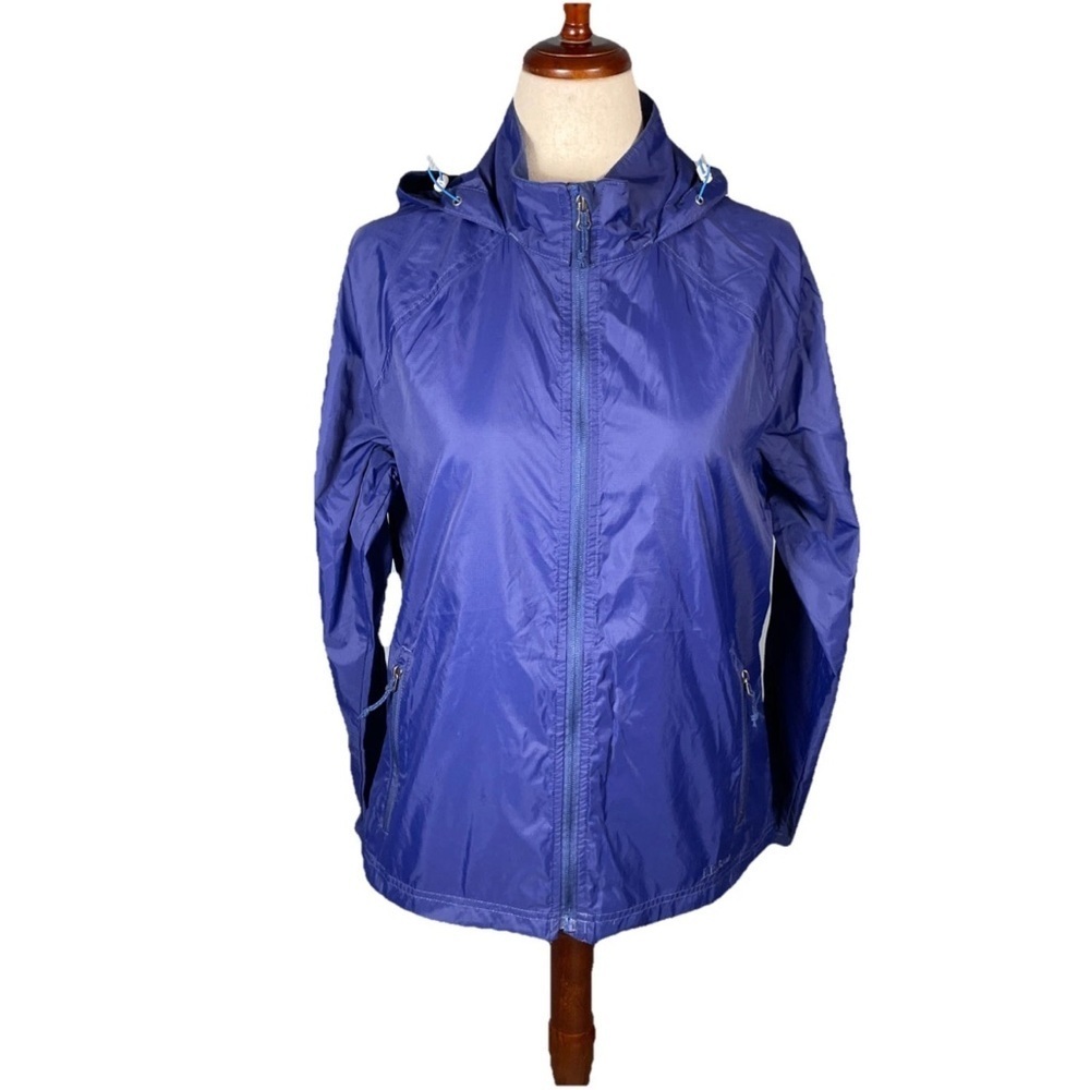 LL Bean Women's Windbreaker Rain Jacket Blue Full Zip Hooded Nylon Size Large